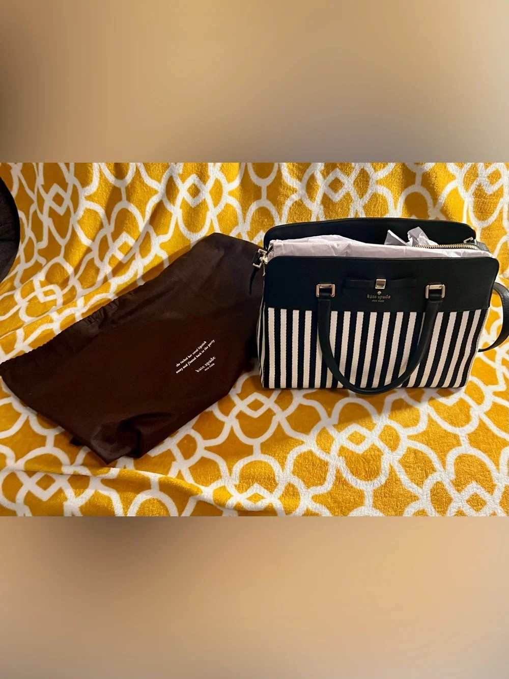 kate spade Black & White Vertical Stripe Satchel with Gold Hardware
